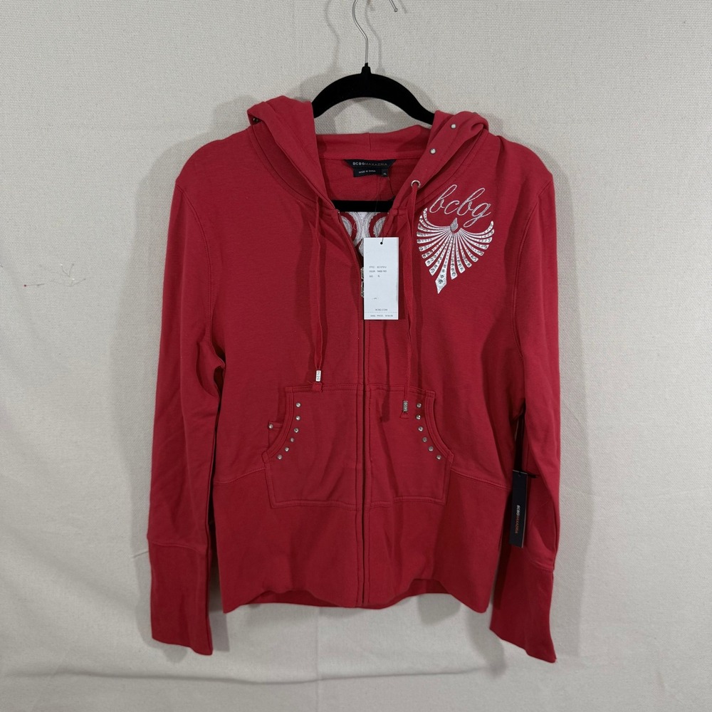 BCBGMAXAZRIA Womens Tango‎ Red Rhinestone Graphic Zip Up Hoodie XL BC13791J